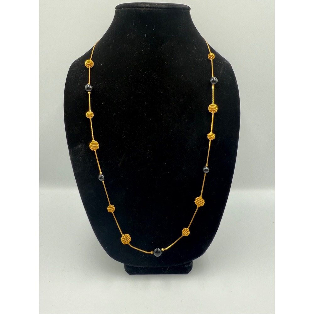 Vintage Gold Tone Station Necklace with Black Beads and Coiled Wire Accents